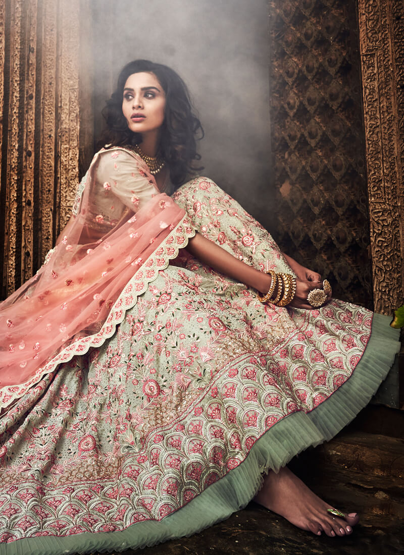 Light Pink and Green Heavy Embroidered Lehenga