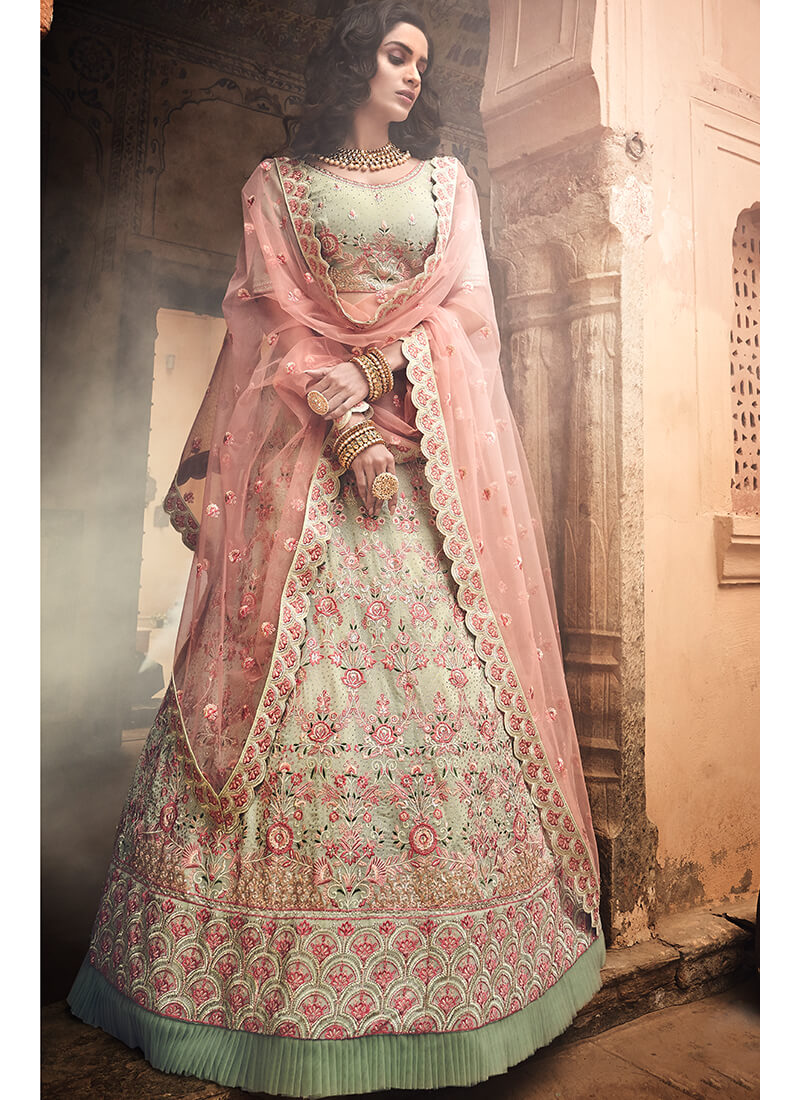 Light Pink and Green Heavy Embroidered Lehenga
