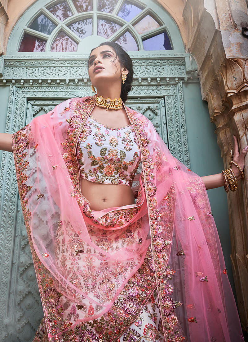 Off White and Pink Heavy Embroidered Lehenga