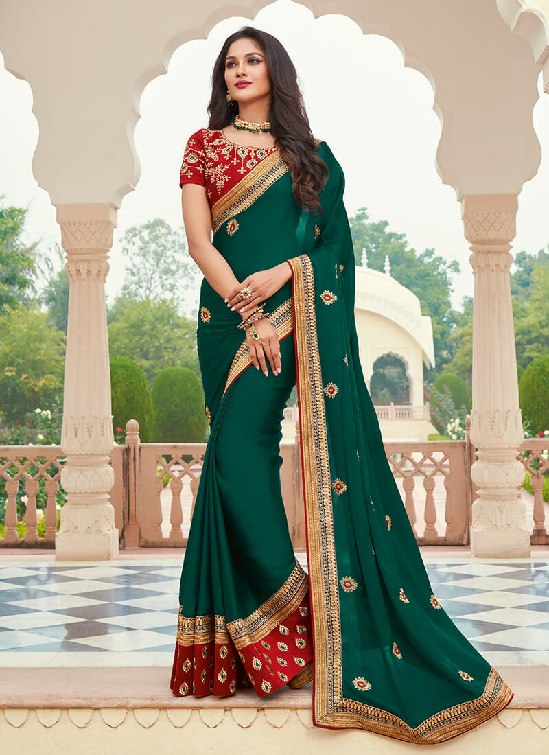 Red and Teal Embroidered Saree