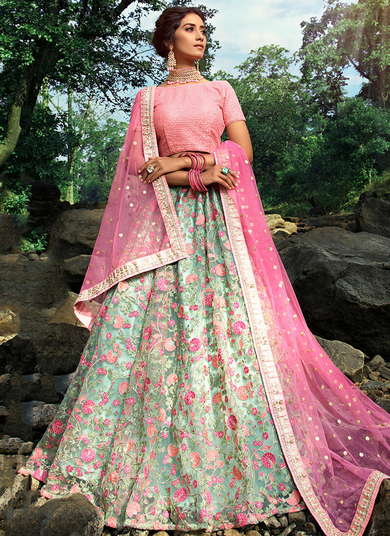 Pink and Mint Floral Embroidered Net Lehenga