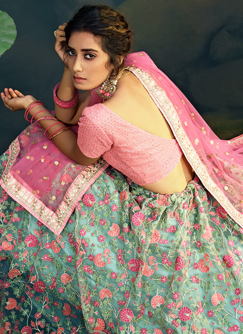 Pink and Mint Floral Embroidered Net Lehenga