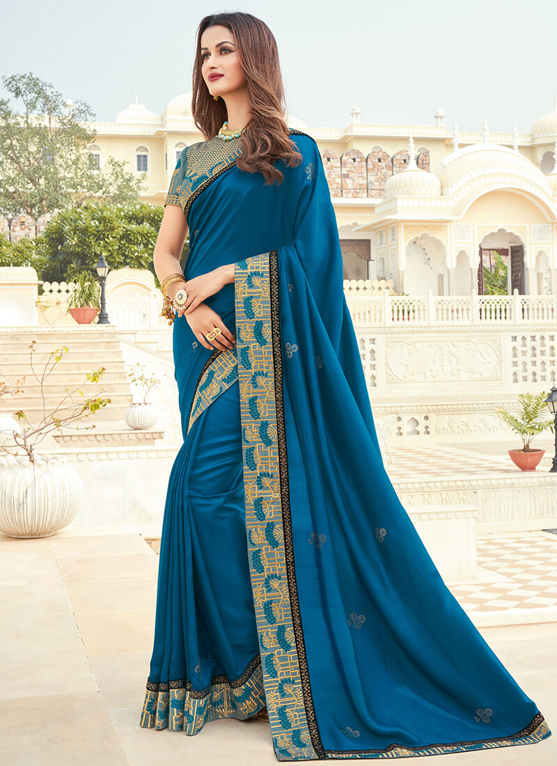 Blue Embroidered Silk Saree