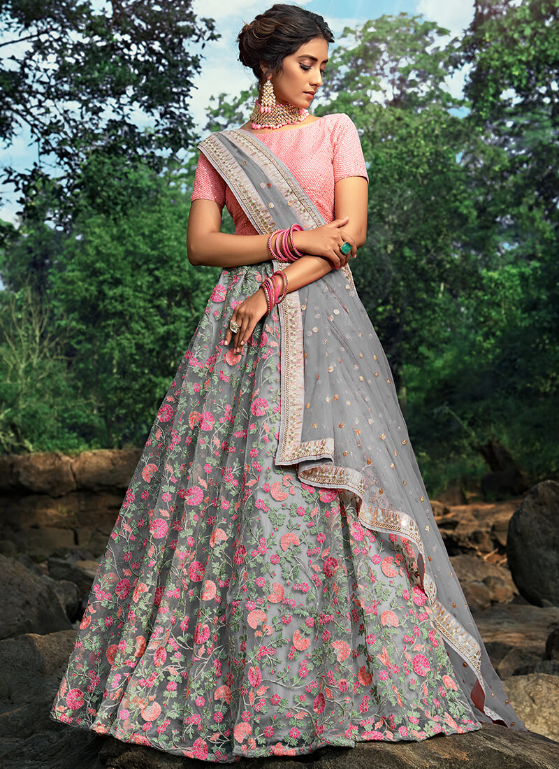 Grey and Pink Floral Embroidered Net Lehenga