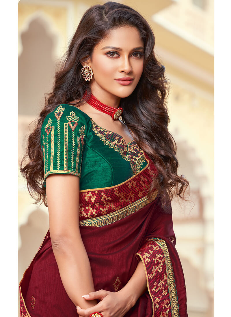 Maroon and Green Embroidered Silk Saree
