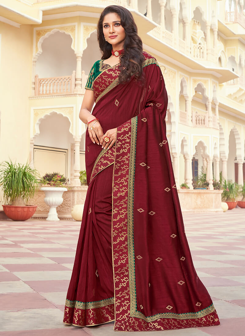 Maroon and Green Embroidered Silk Saree