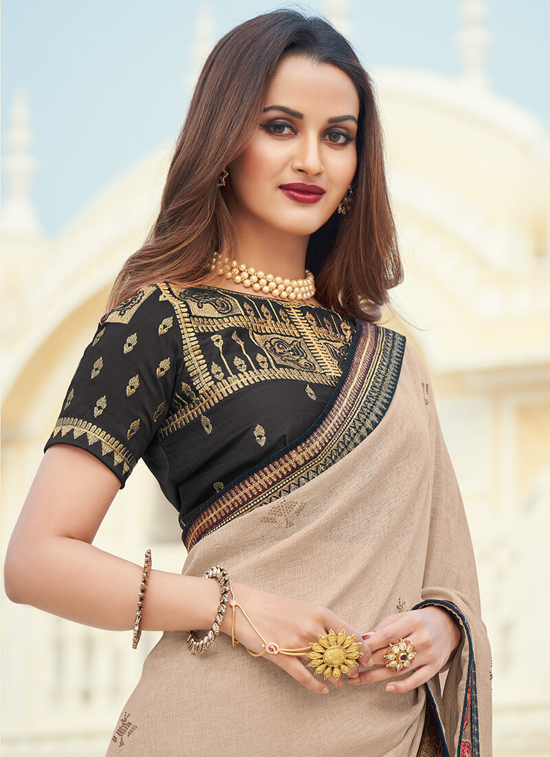Light Taupe and Black Embroidered Saree