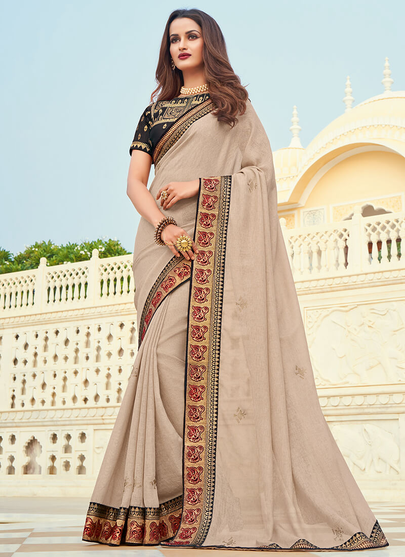 Light Taupe and Black Embroidered Saree 