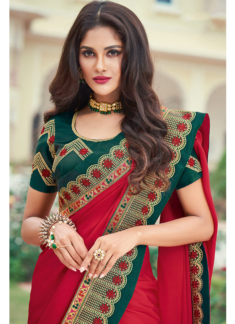 Red and Green Embroidered Saree