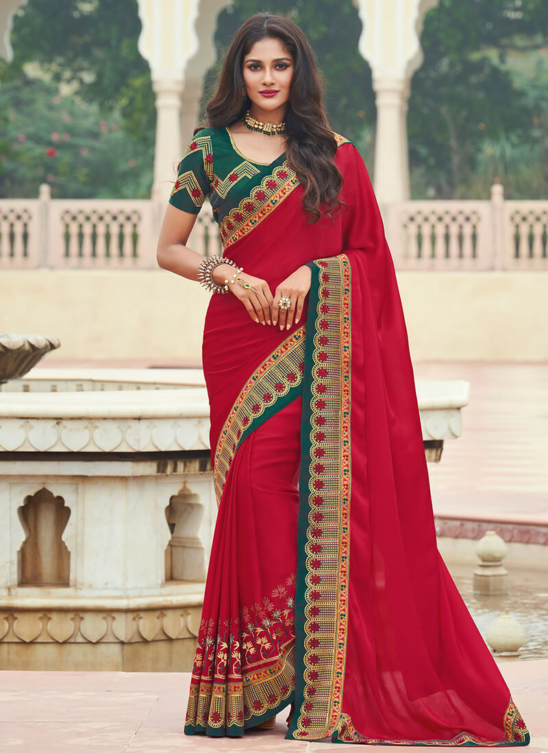 Red and Green Embroidered Saree