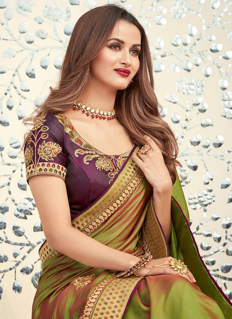Shaded Olive and Rust Embroidered Saree