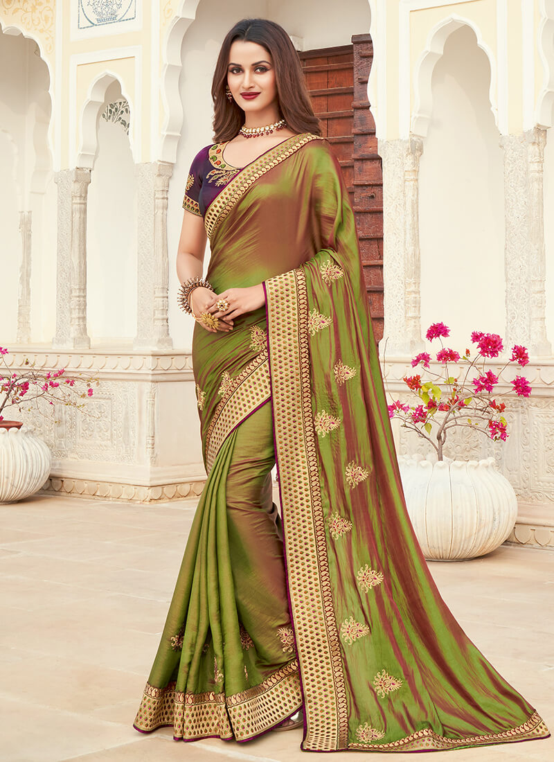 Shaded Olive and Rust Embroidered Saree