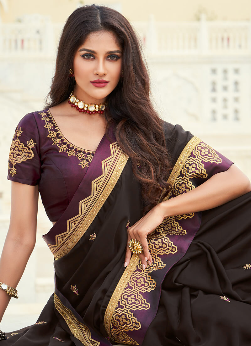 Black and Purple Embroidered Saree