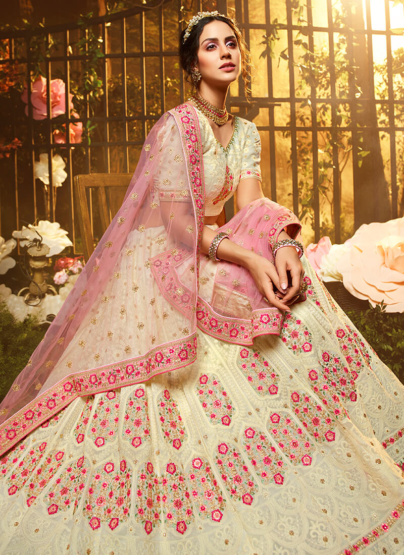 Off White and Pink Embroidered Georgette Lehenga