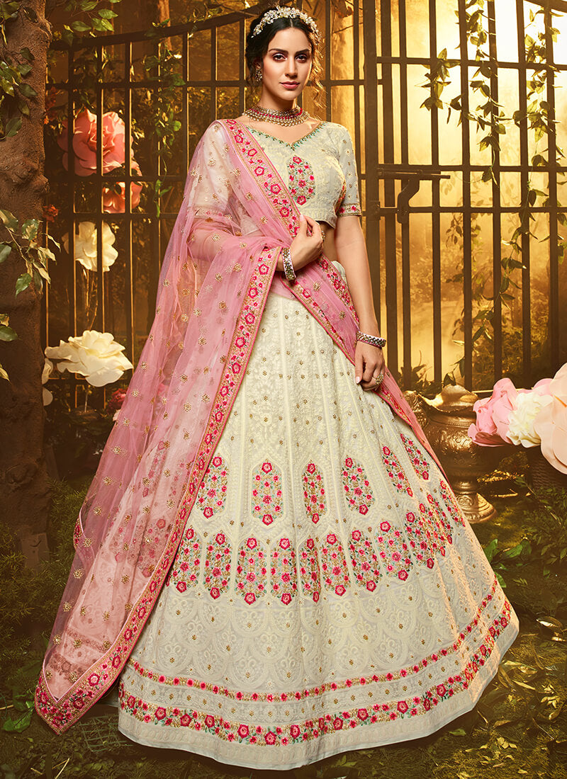 Off White and Pink Embroidered Georgette Lehenga