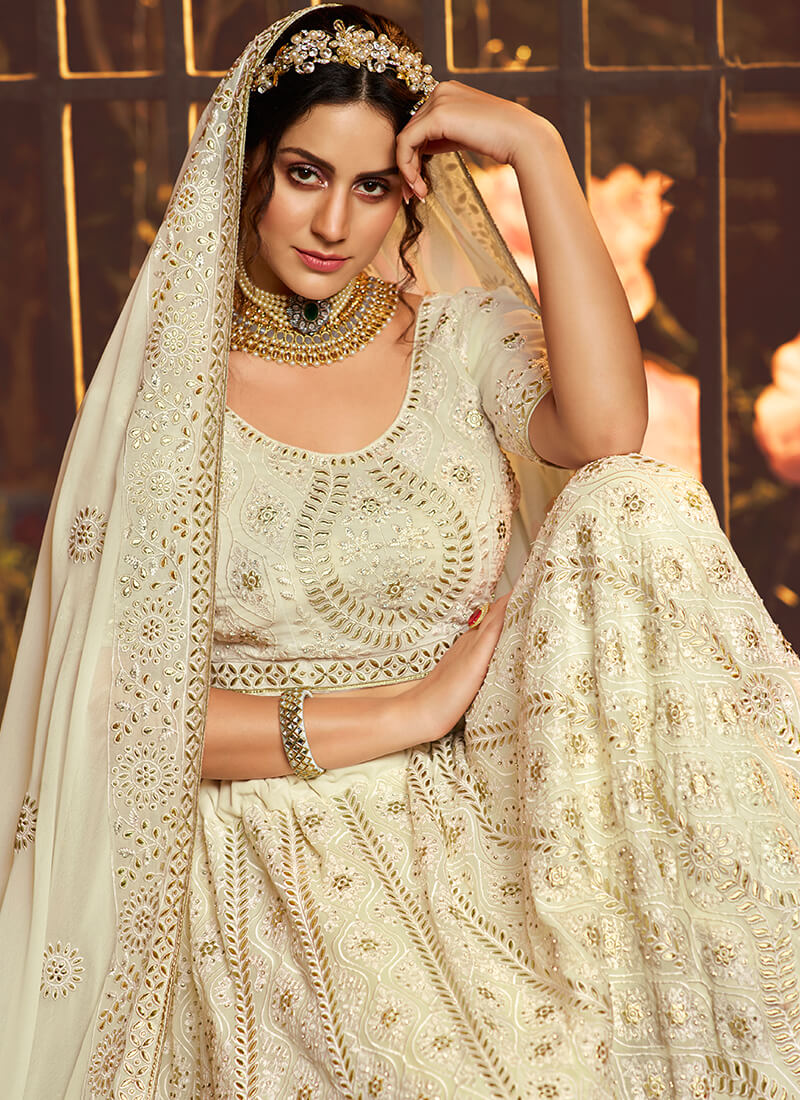 Off White and Gold Embroidered Georgette Lehenga