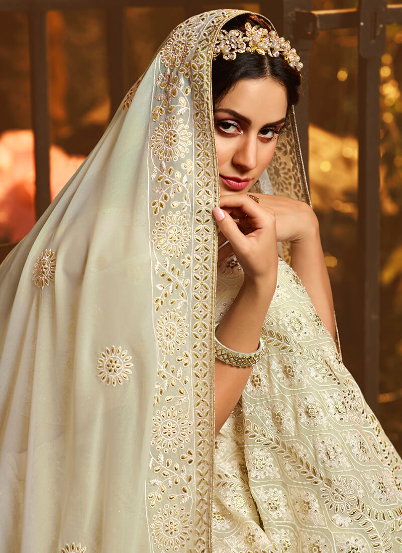 Off White and Gold Embroidered Georgette Lehenga