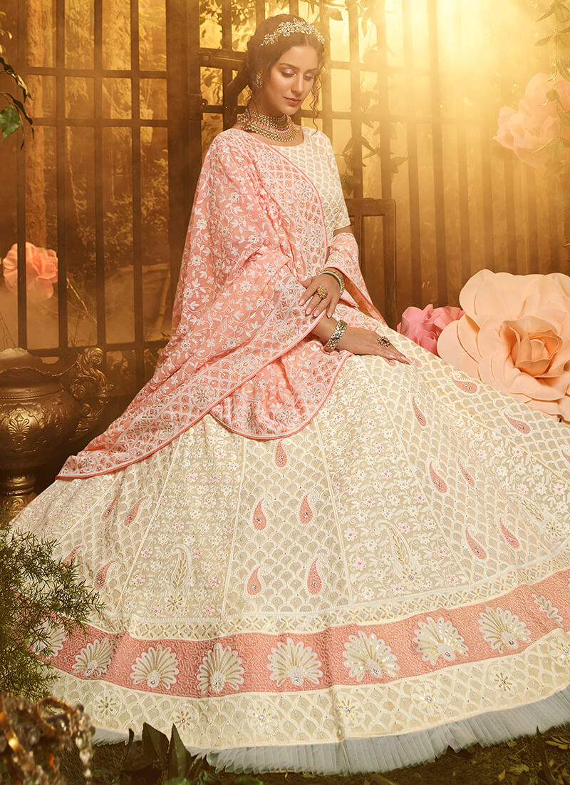 Light Beige and Pink Embroidered Georgette Lehenga