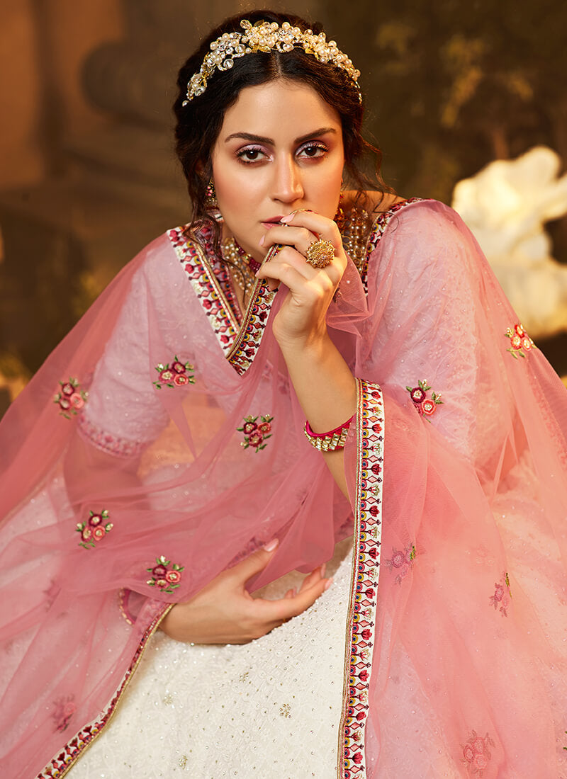 Off White and Light Pink Embroidered Georgette Lehenga