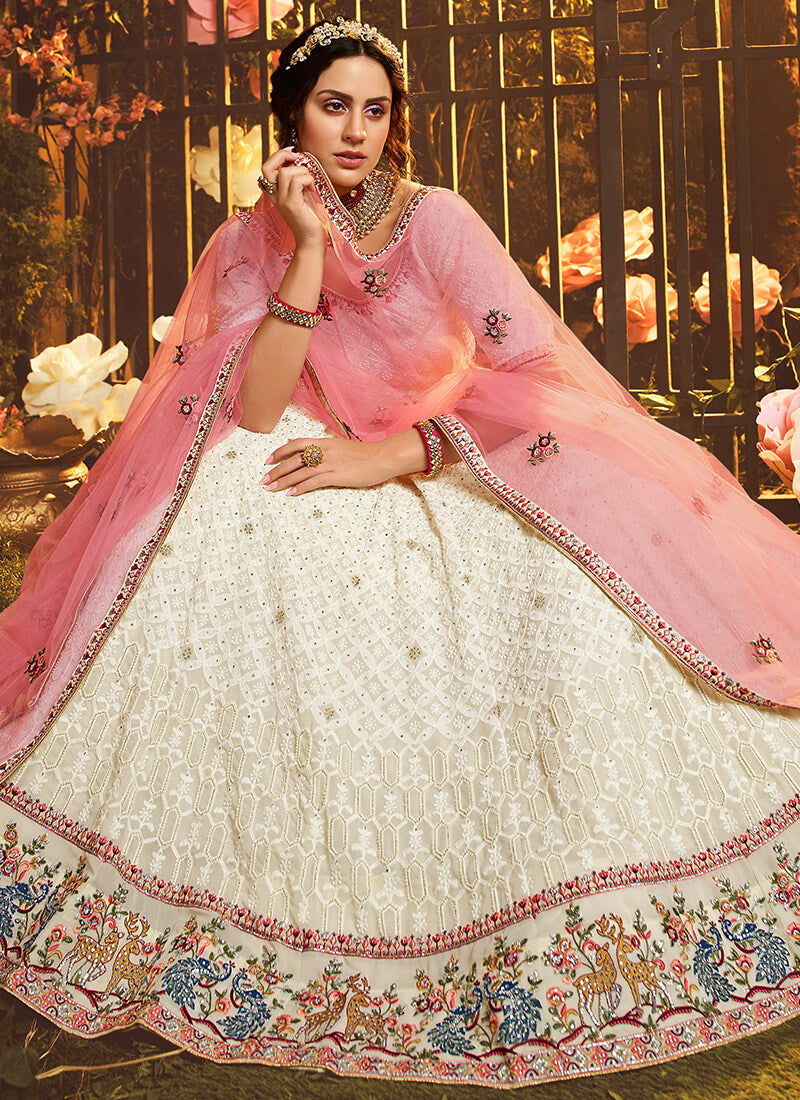 Off White and Light Pink Embroidered Georgette Lehenga