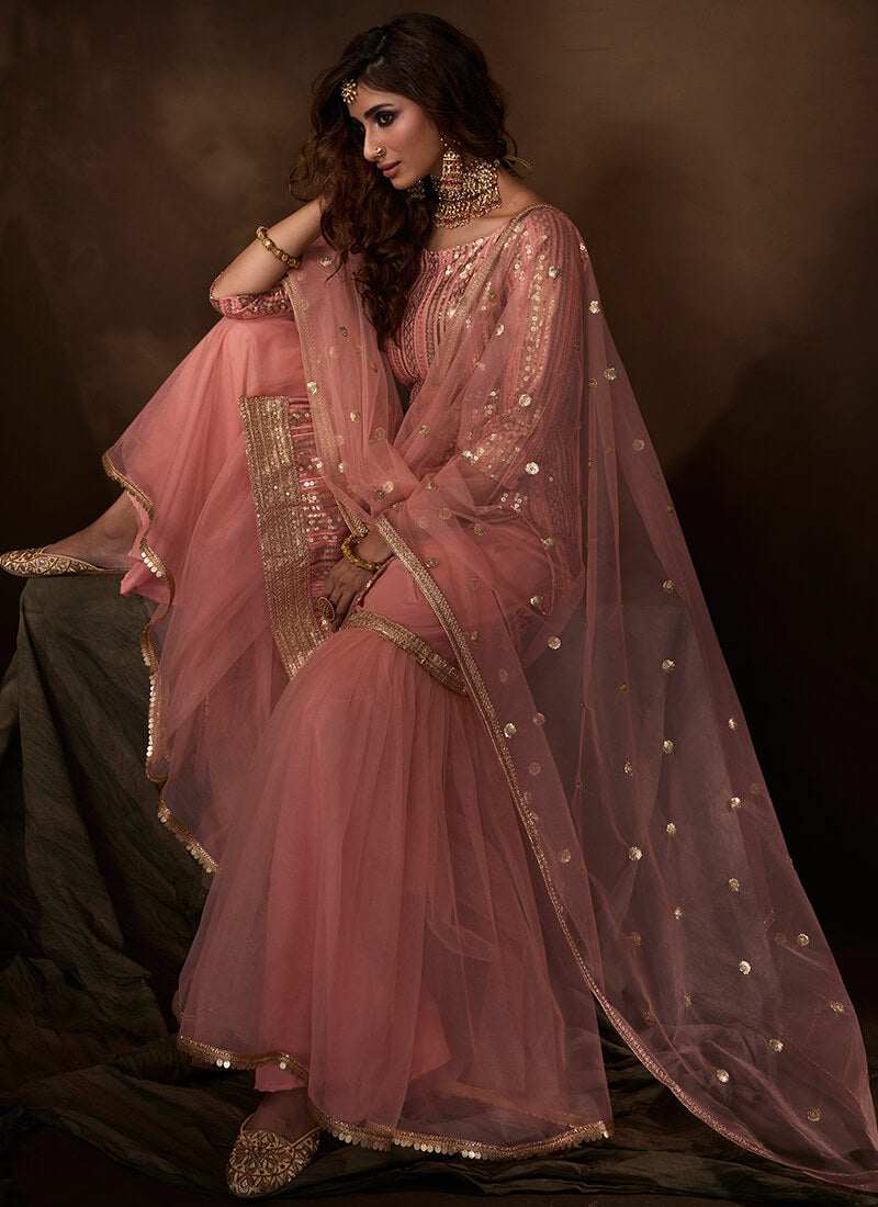 Light Pink and Gold Sequins Gharara Suit