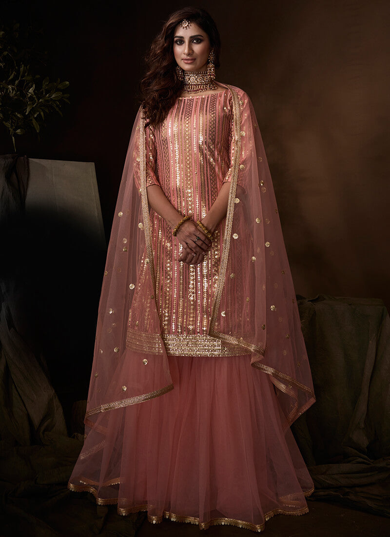 Light Pink and Gold Sequins Gharara Suit
