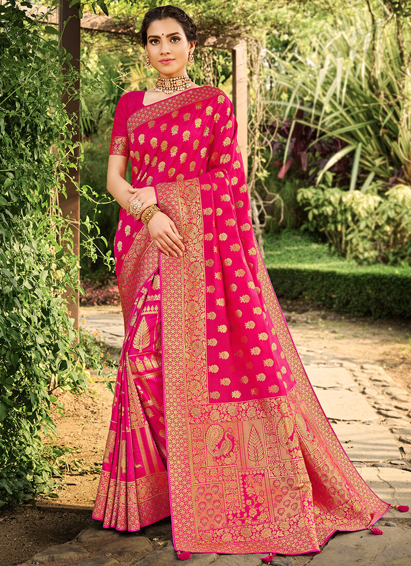 Hot Pink Embroidered Silk Saree