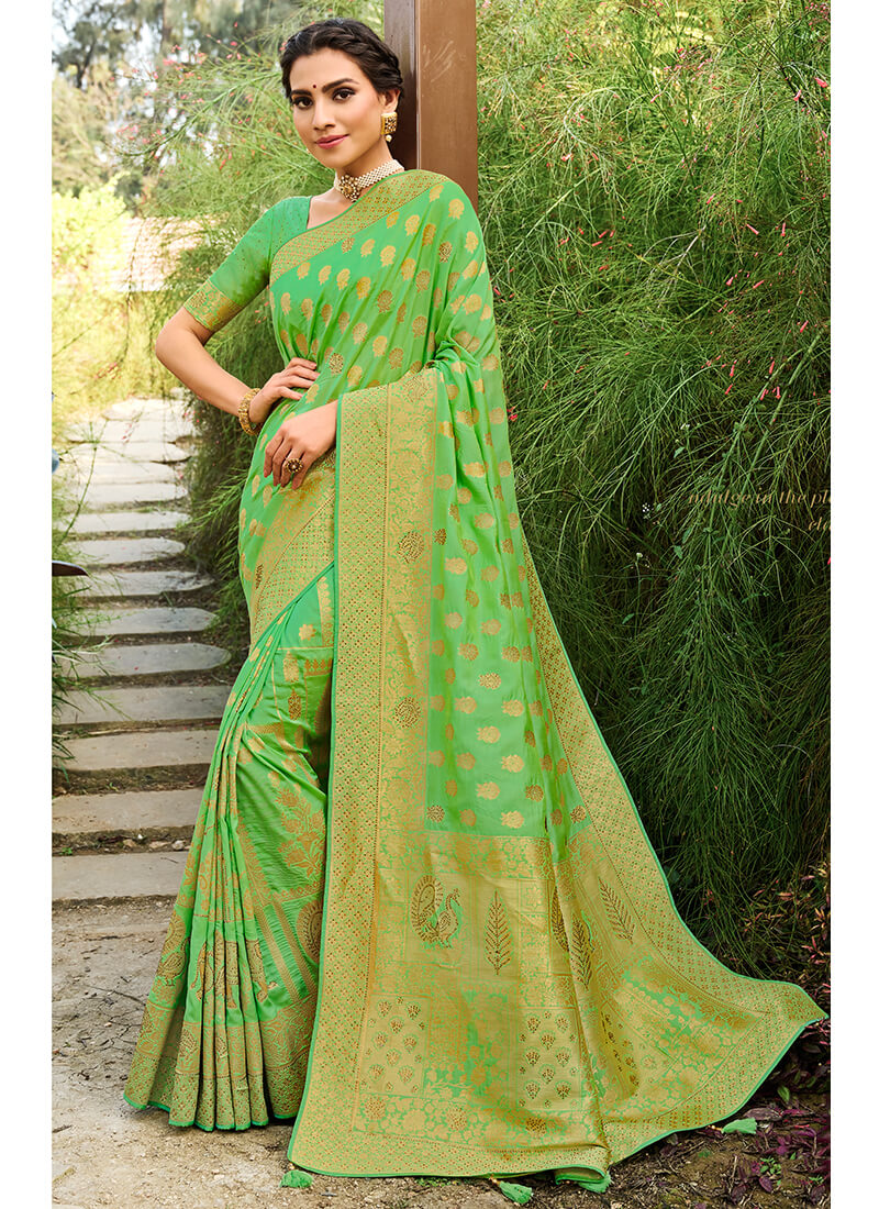 Light Green Embroidered Silk Saree