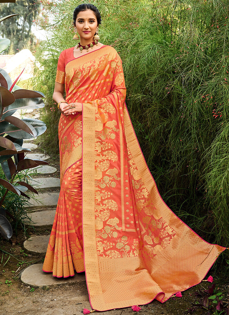 Deep Orange Embroidered Silk Saree