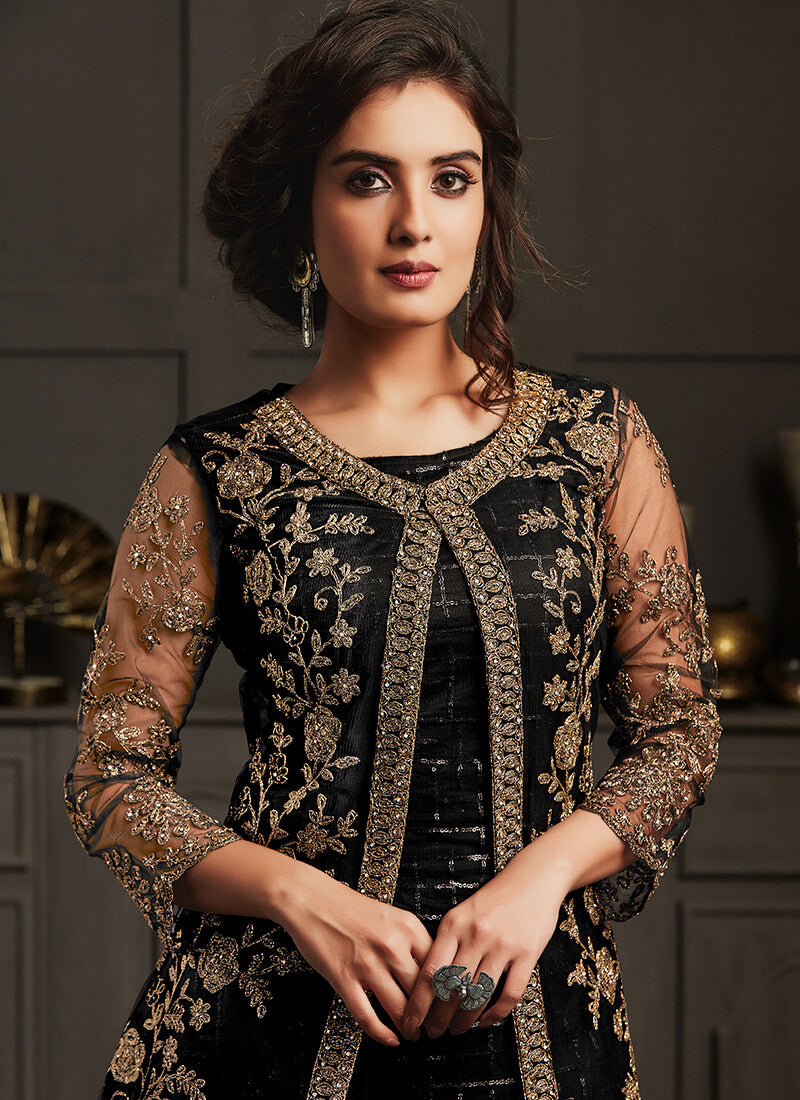 Black Embroidered Straight Suit