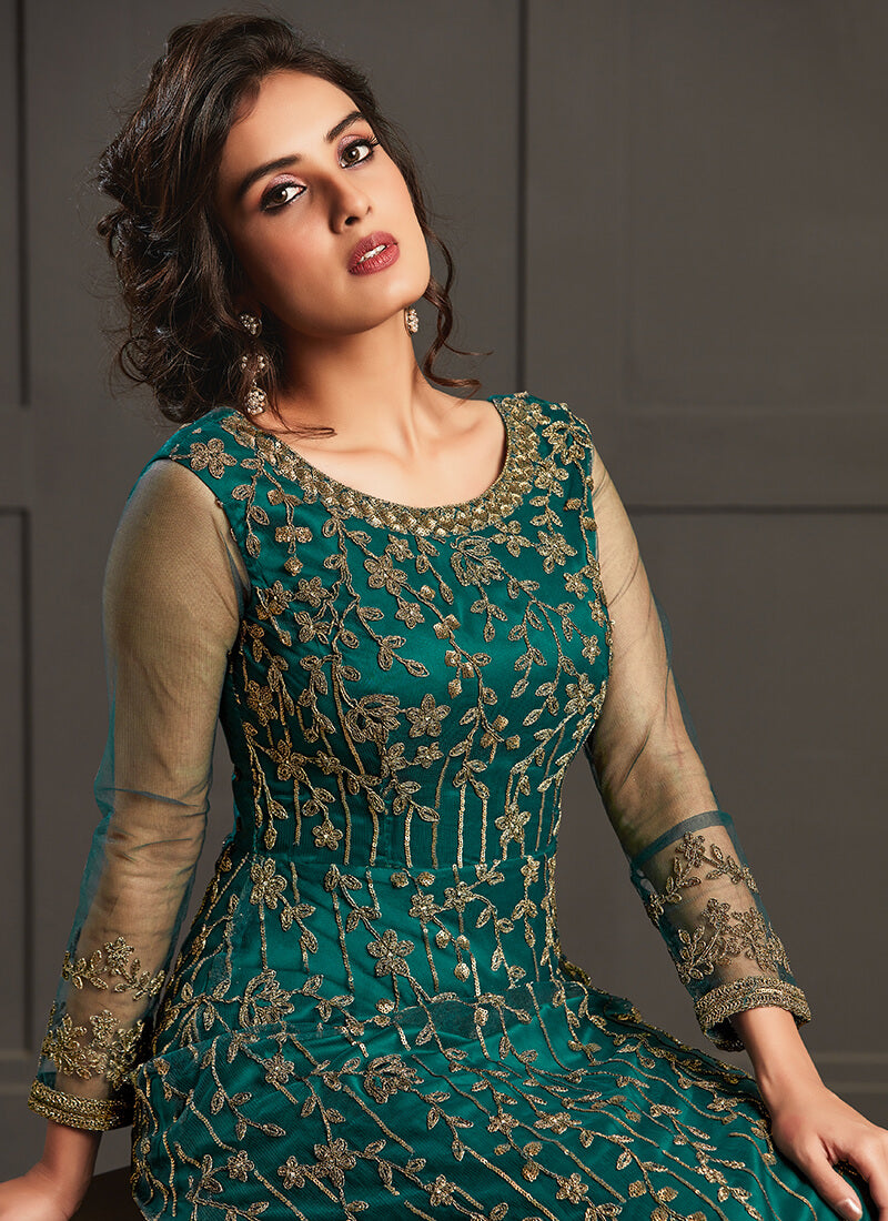 Teal and Gold Embroidered Anarkali Suit