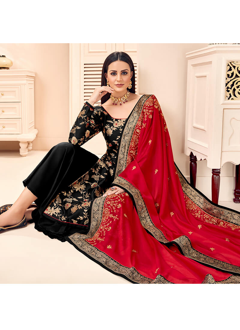 Black and Red Brocade Palazzo Suit