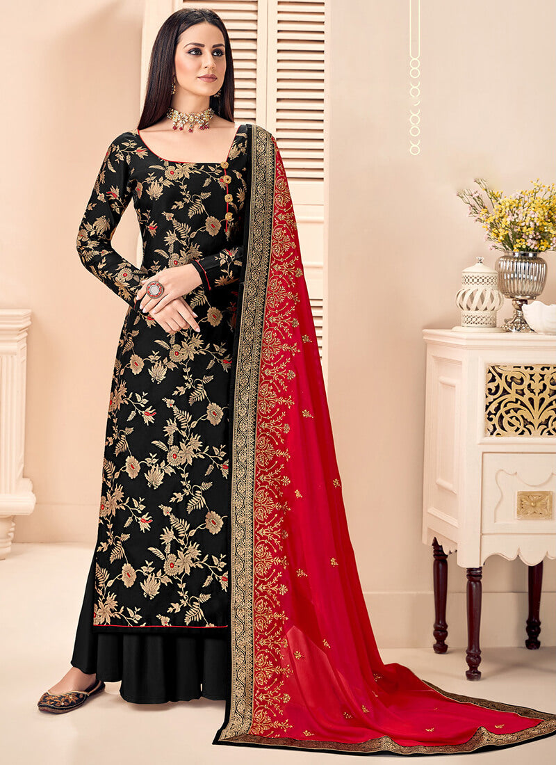 Black and Red Brocade Palazzo Suit