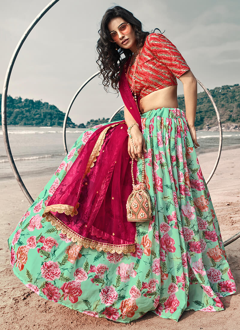 Red and Teal Floral Organza Lehenga