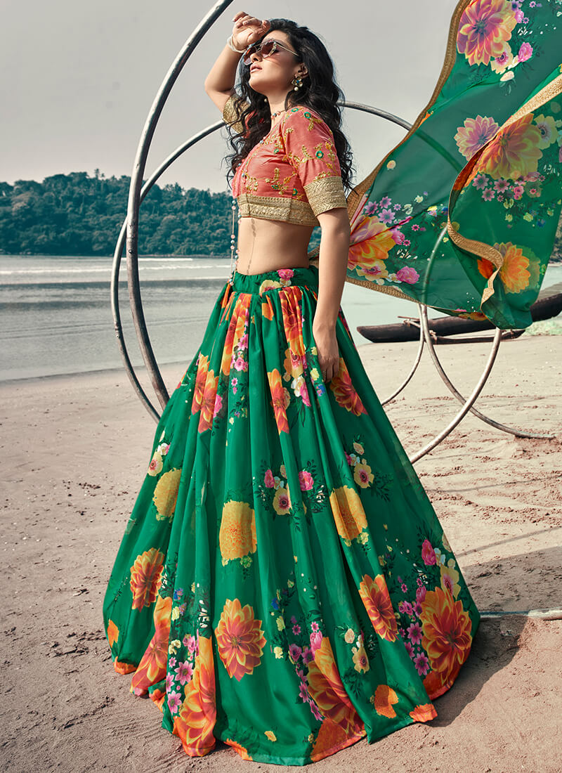 Coral and Green Embroidered Floral Lehenga