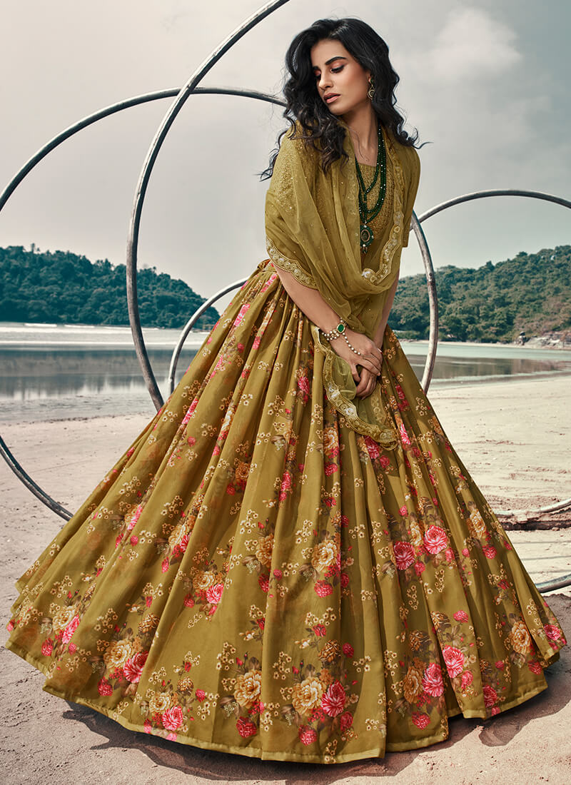 Golden Brown Embroidered Floral Lehenga