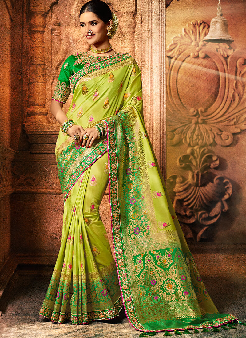 Multicolor Green Dola Silk Saree