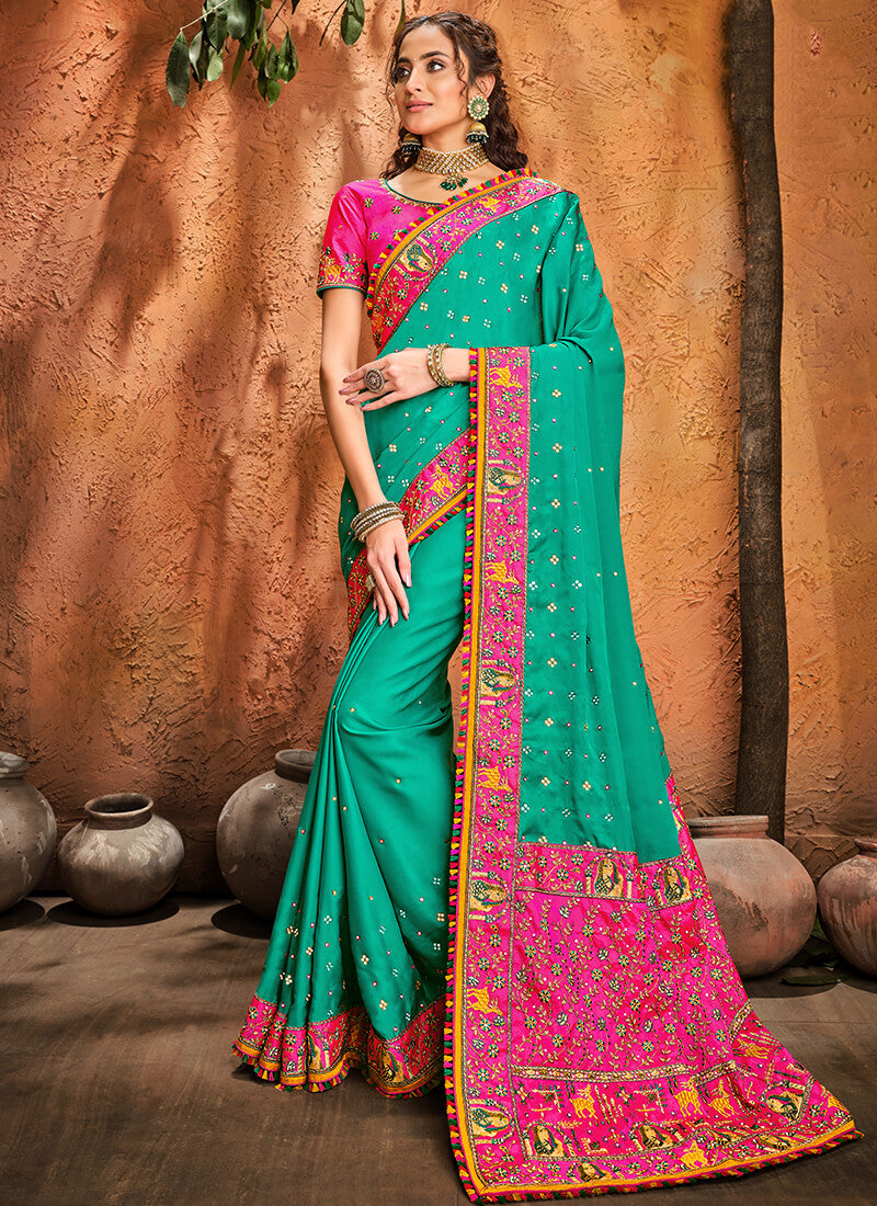 Teal Multicolor Embroidered Satin Saree