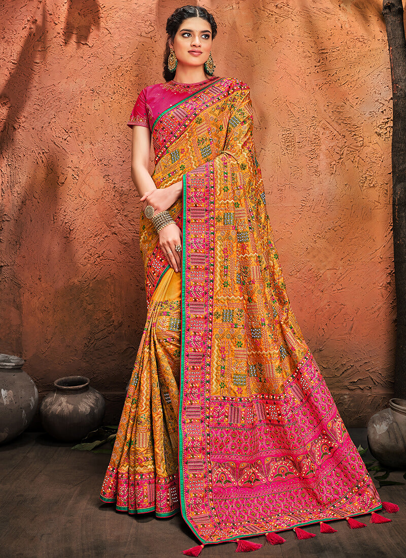 Mustard and Pink Embroidered Silk Saree