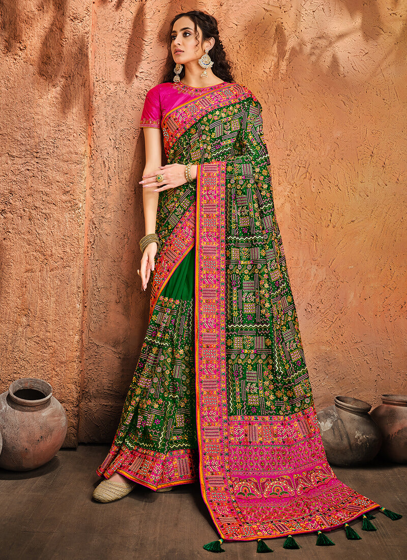 Green and Pink Embroidered Silk Saree