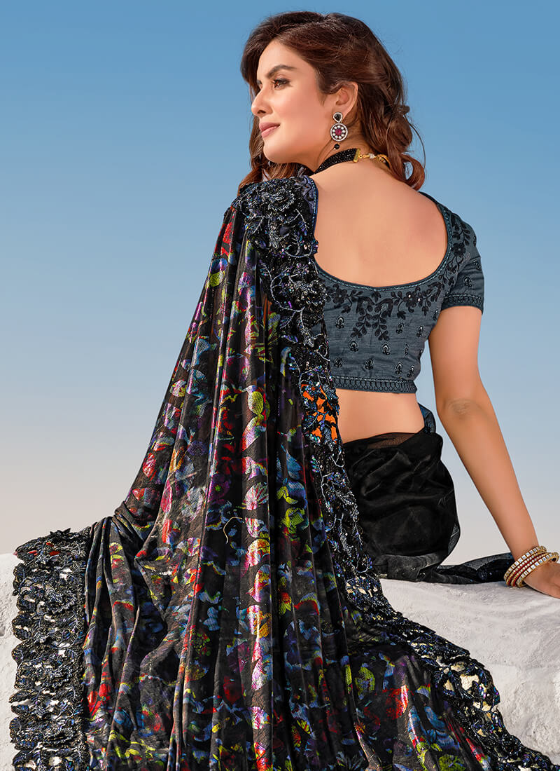 Black Embroidered Silk Saree