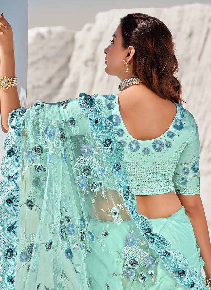 Light Teal Embroidered Floral Saree