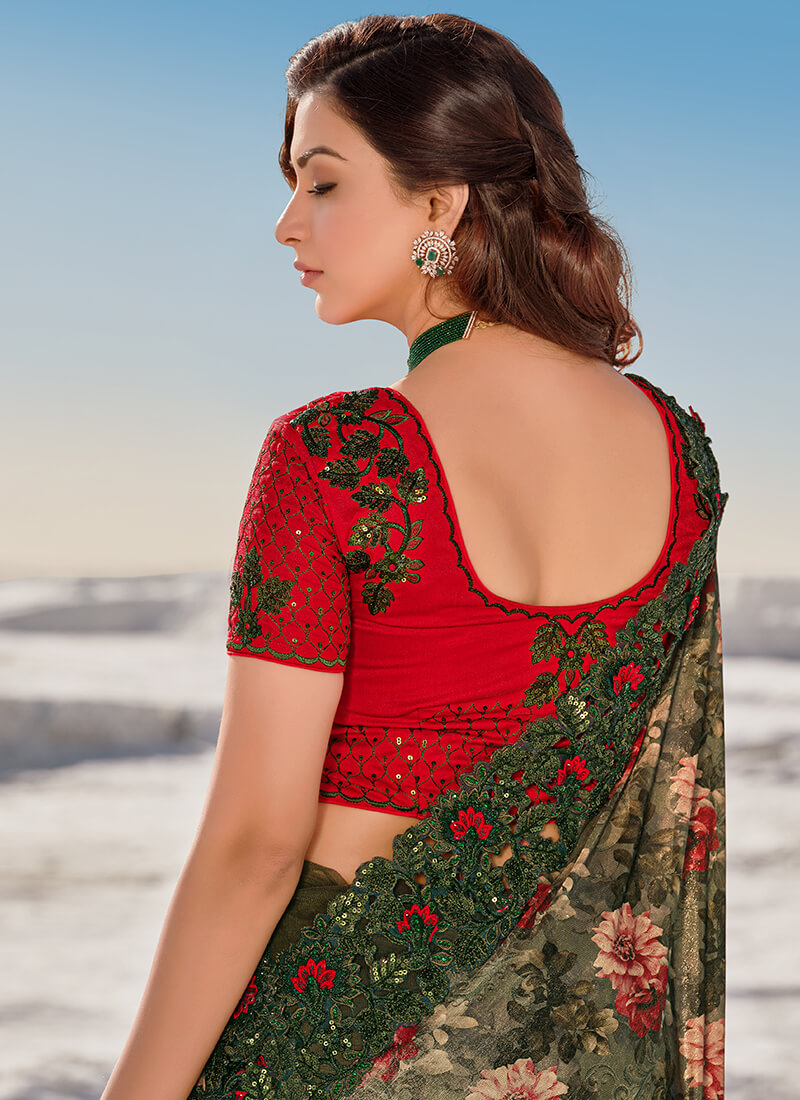 Red and Green Embroidered Floral Saree