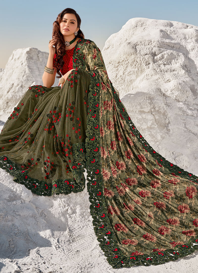 Red and Green Embroidered Floral Saree
