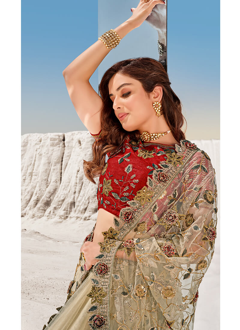 Red and Light Taupe Embroidered Floral Saree