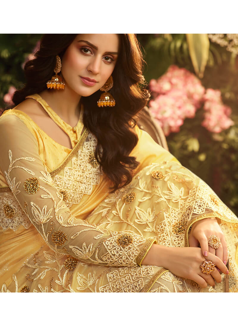 Yellow Embroidered Satin Silk Saree