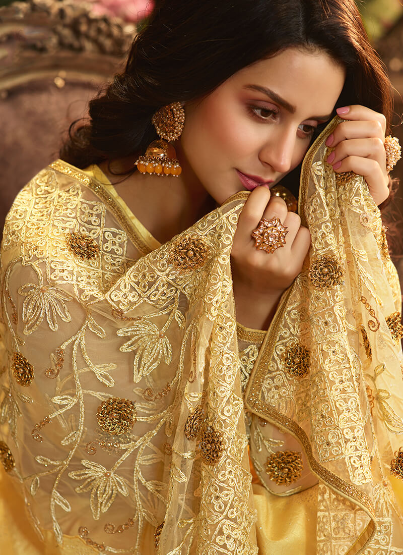Yellow Embroidered Satin Silk Saree