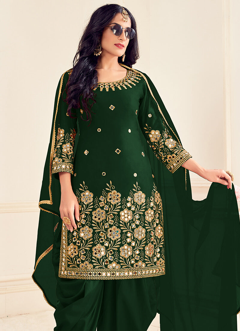 Green Embroidered Silk Punjabi Suit