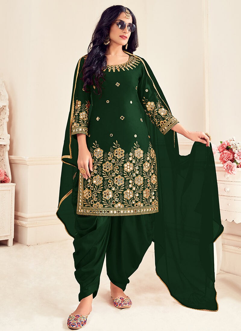Printed Pure Cotton Punjabi Suit in Dark Green : KHBZ1590