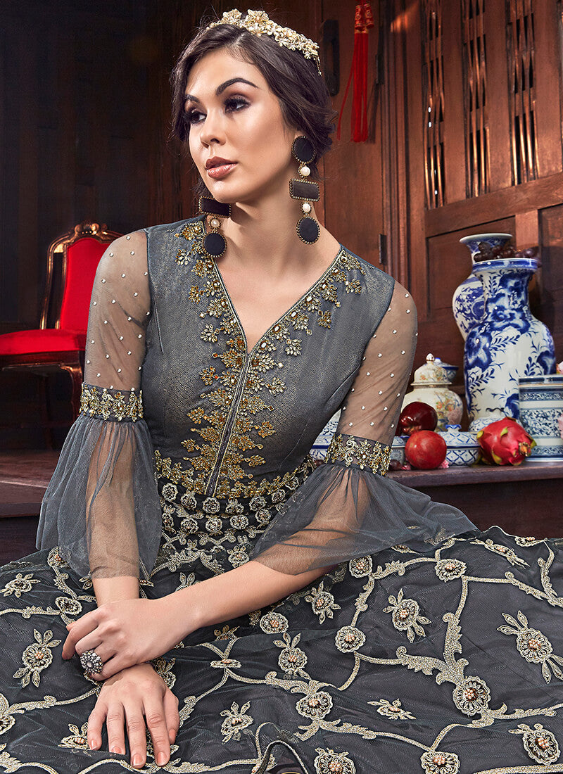 Grey and Gold Embroidered Net Anarkali